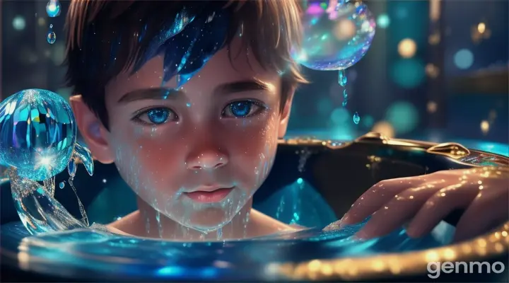 creation of  a  boy see the blue sparkling gem in  water bucket produce intense sparkling and blue glowing effects surrounded her  .16:9 