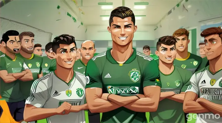 cartoon style Inside a training facility at Sporting Lisbon, Cristiano is surrounded by bigger players who are teasing him.
.

