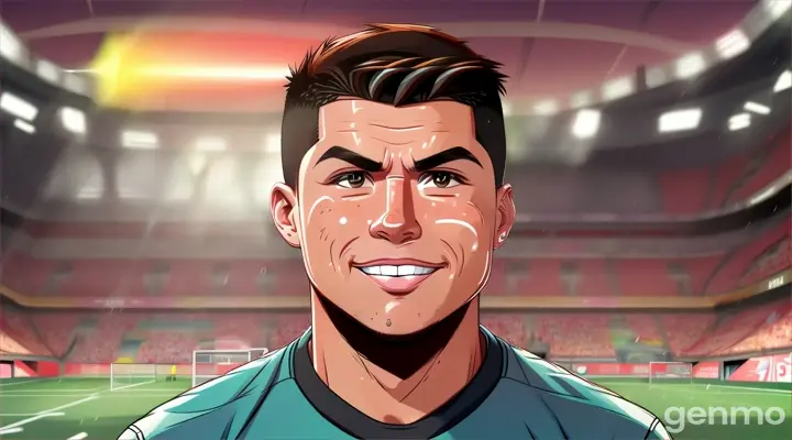 on cartoon style Ronaldo, Sweat drips down his face.