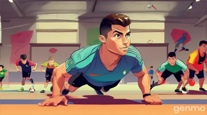 cartoon style ronaldo:Cristiano  depicted training hard, doing push-ups while other kids are playing