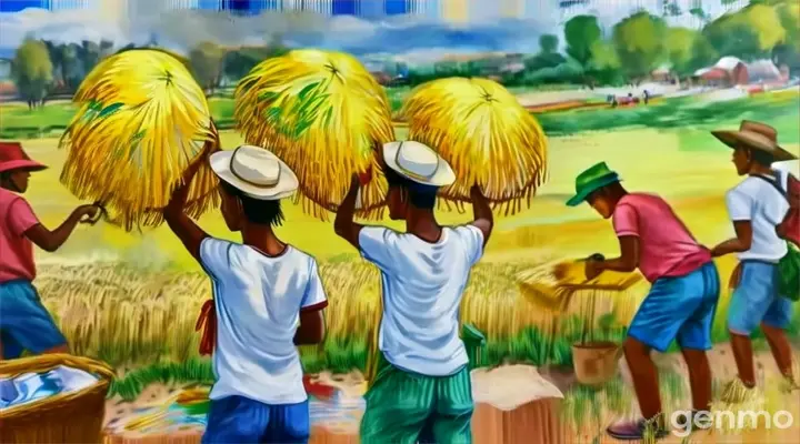 a painting of a group of people working in a field