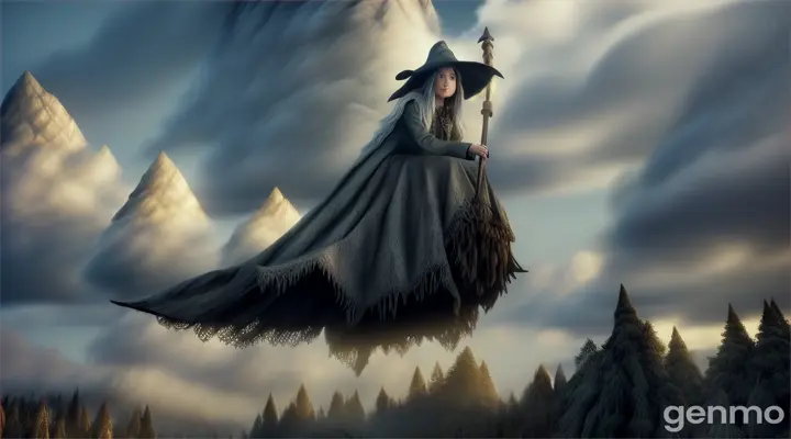 An old wrinkly witch, sits on her broomstick, in the forest and rides up through the clouds  on her broomstick. 3d Pixar style. 