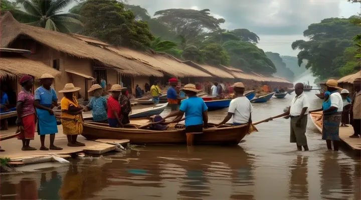 a group of people standing around a boat in a body of water