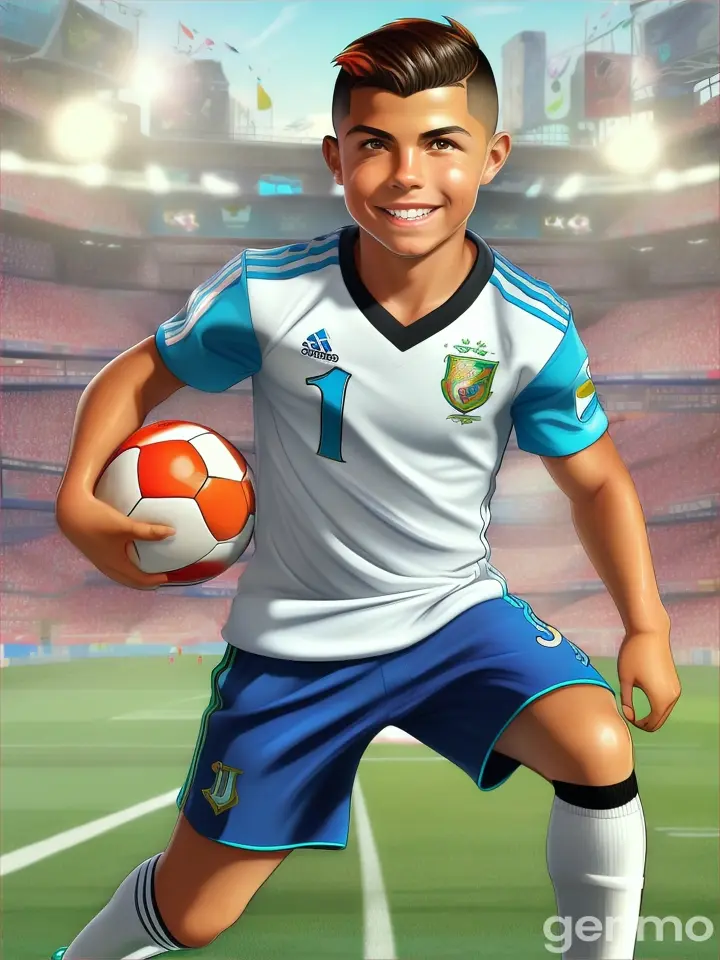 cartoon style ronaldo as 12 years boy

