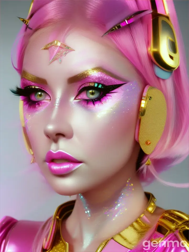 
a girl has a pink skin and pink eyes, pink sparkle eyes glittery makeup, pink gold leaf makeup, 
sparklecore, glittercore, appropriation artist, glossy, digital art, white background