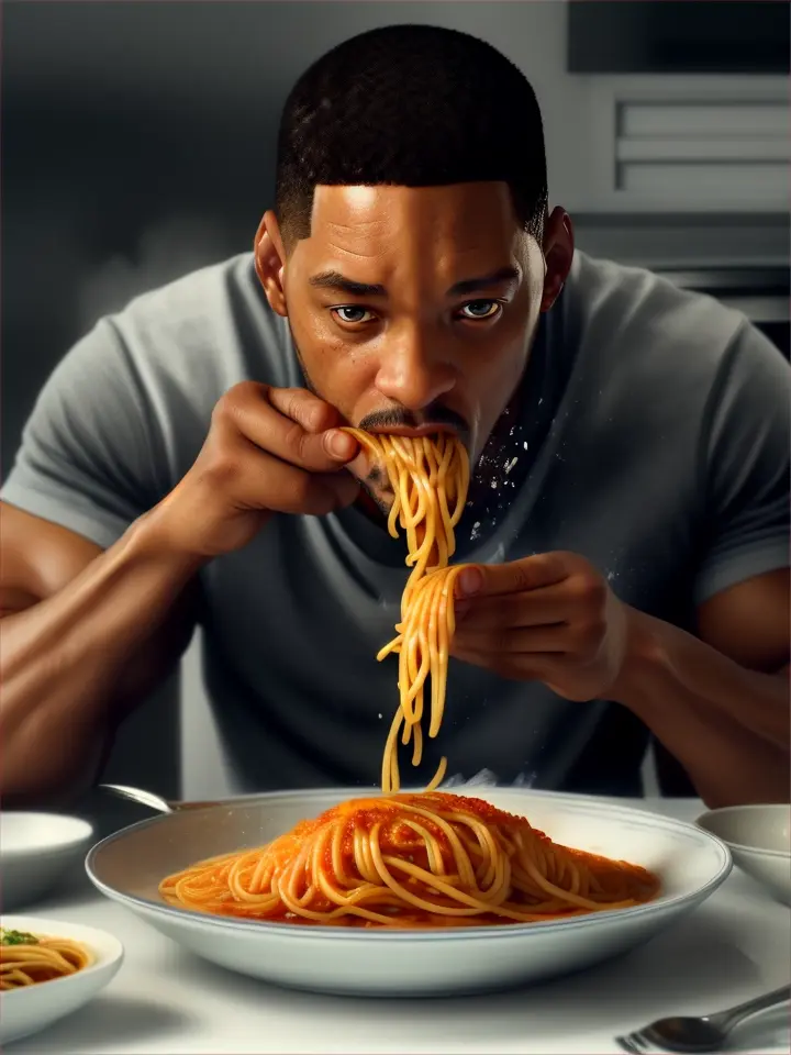 will smith eating spaghetti , hyper realistic, 8k hdr, photorealistic accuracy, advertising style