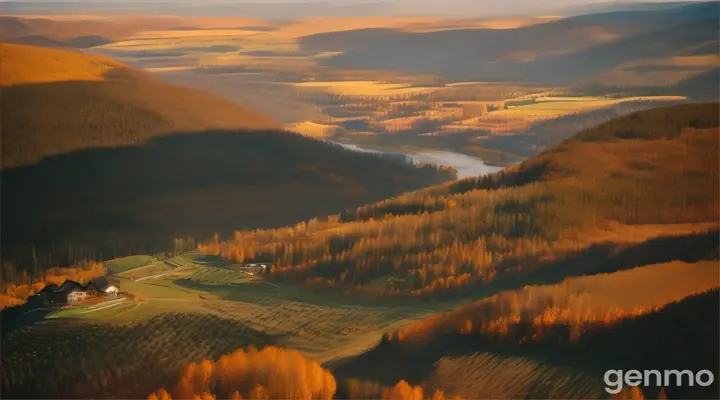 View of small Altai village from aerial perspective. 4K ultrarealtistic liveaction drone shot.