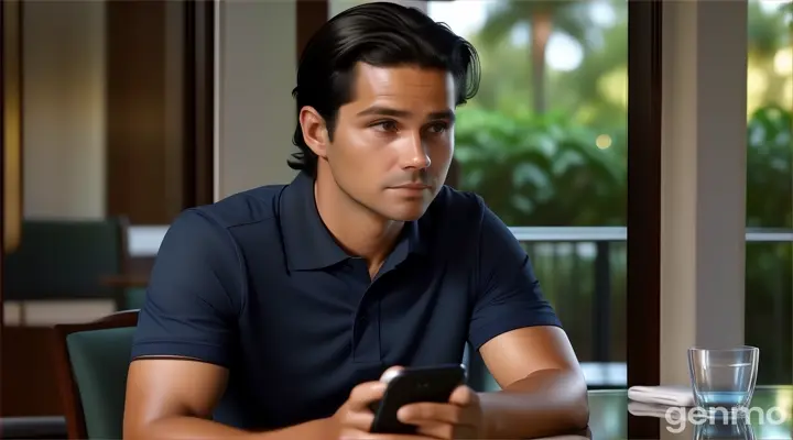 inside the hotel garden poach, a curious young man with Slicked back surfer black hair in dark blue polo shirt sitting at a table with glass of water holding a cell phone talking to someone