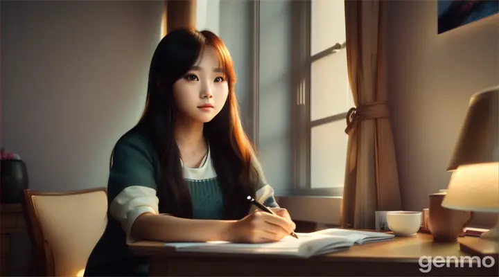 Cinematic, Ji-eun in her room drawing, realistic photography, calm and focused atmosphere, warm afternoon light --ar 16:9