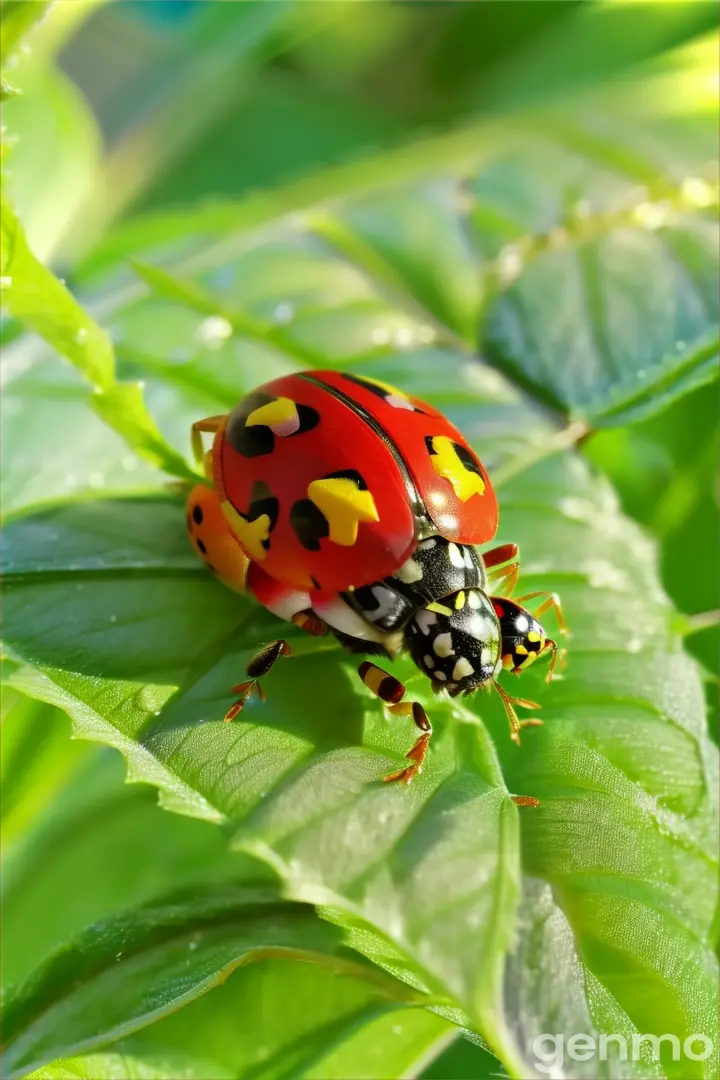 a lady bug sitting on top of a green leaf