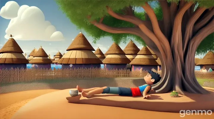 A humorous 3D scene in a village with Montu, a lazy boy lounging under a tree. His playful smirk suggests he's refusing to fetch water. Villagers nearby look frustrated while Montu gestures as if water will magically come to them. The background includes simple village homes and fields."
