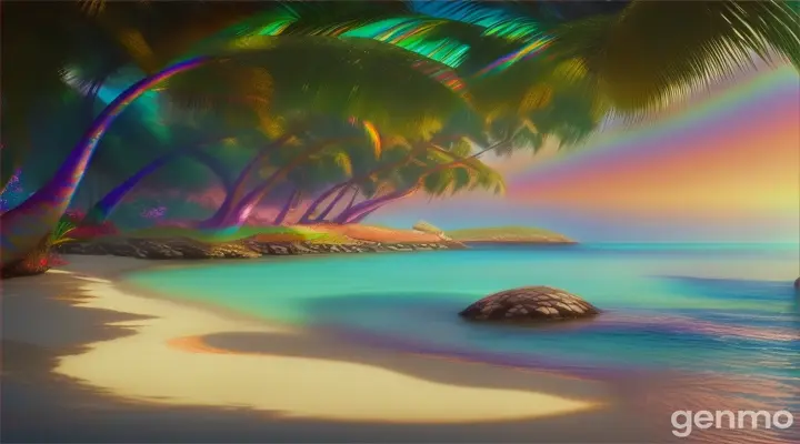 A enormous iridescent rainbow snake glides along the edge of an island creating a shore line of palm trees, wild flowers and rainbows. 
