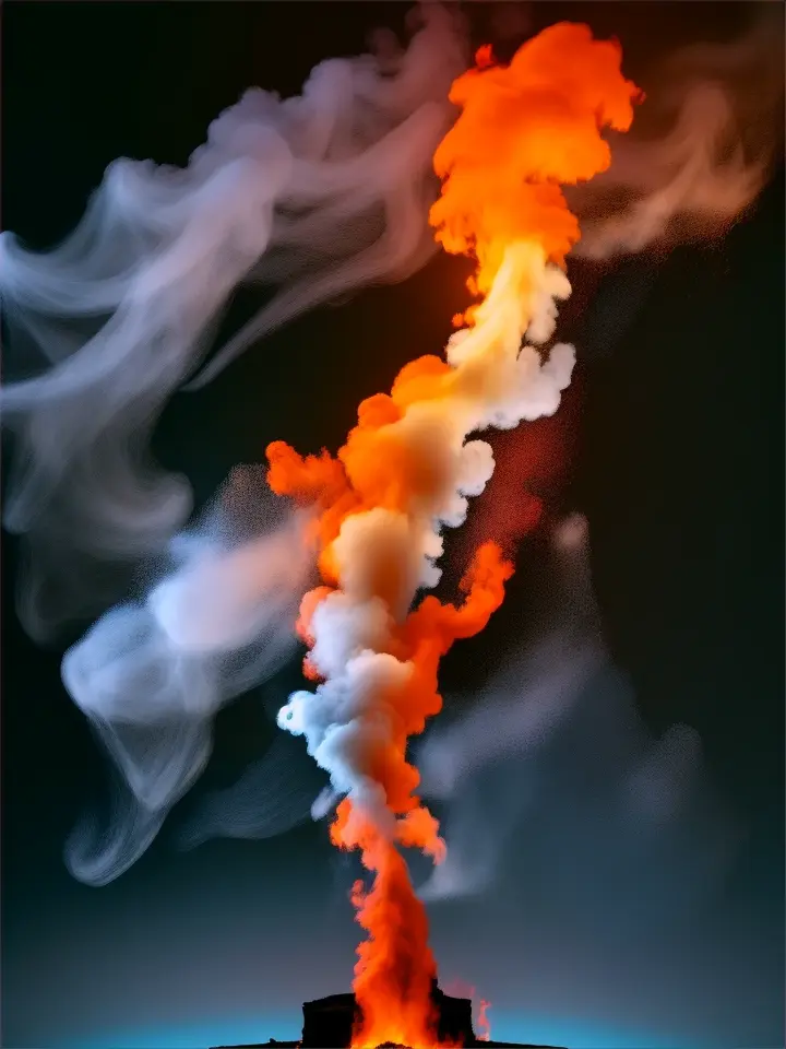 A fire splash rising from a deep, dark abyss, smoke swirling upwards against an inferno backdrop