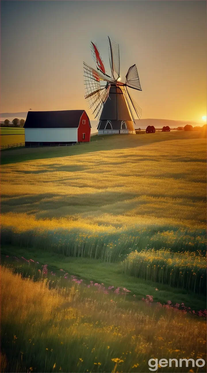 A grassy hill dotted with wildflowers, a glowing windmill, with barn and farm animals in the distance