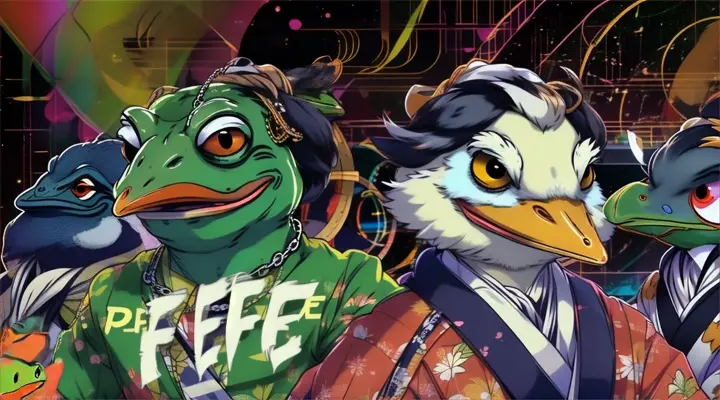 The frog on the left has a chain with the inscription: "PEPE", on the right a bird in Japanese clothes and a wig stands and looks forward