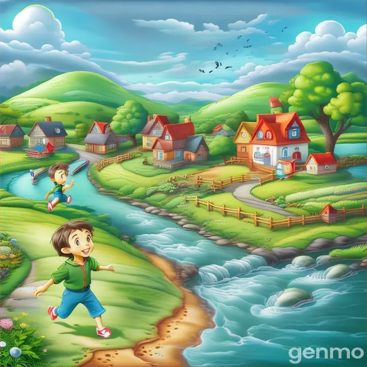 a boy run and playing near the river with houses in the background 