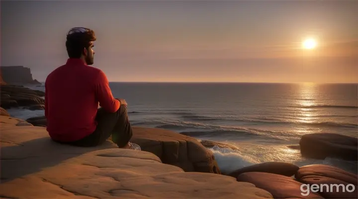 a Pakistani wanderer sitting on a rocky shore, watching the sun slowly disappear into the horizon. The waves gently lap at his feet as he contemplates the vastness of the ocean and the emptiness in his heart.