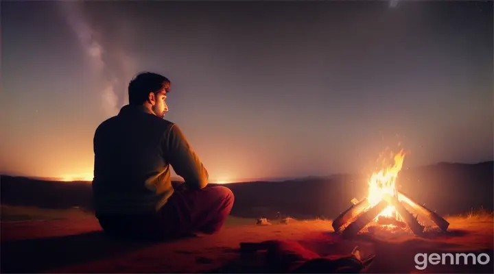 a Pakistani wanderer man sitting alone by a campfire under a filled stars sky. The fire casts flickering shadows on his face as he strums a melancholic tone on his guitar, lost in memories.