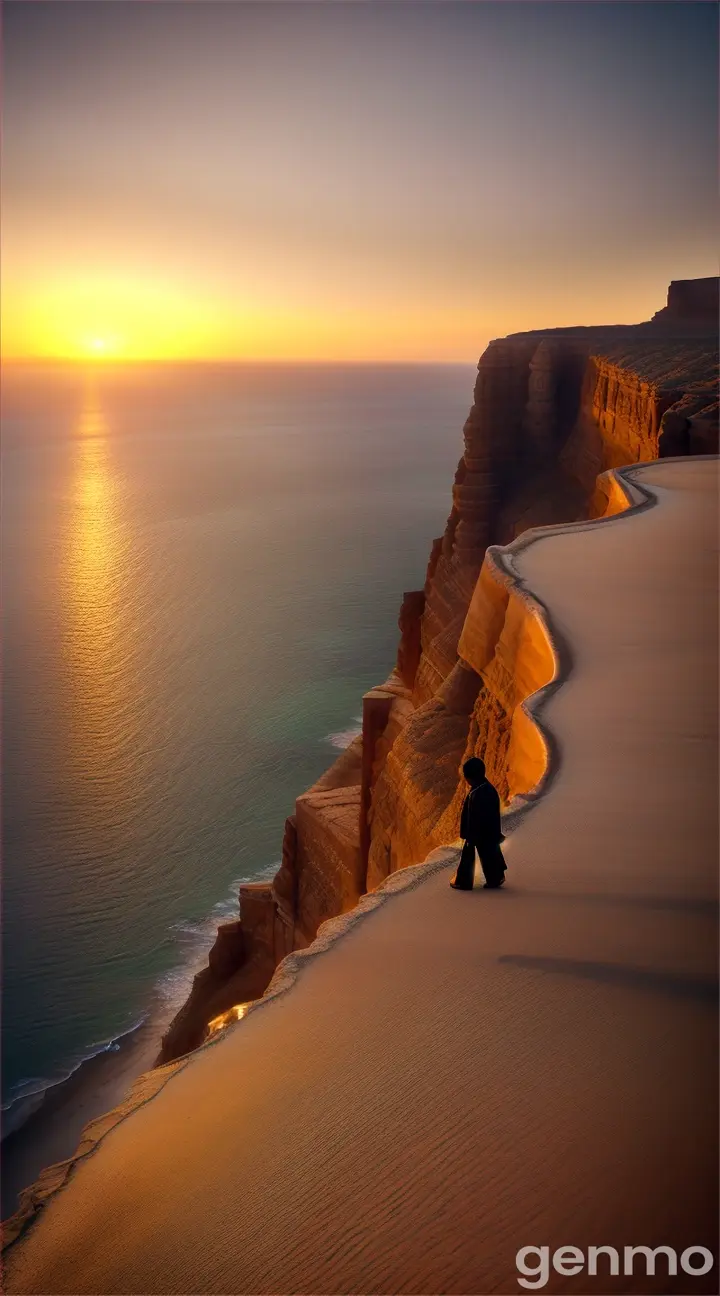 A Pakistani wanderer stands on a cliff at sunset, overlooking the amber sea, with the sun in the distance, casting a warm glow on the desert landscape