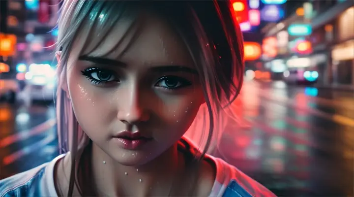 the girl in a white t-shirt covers her face with her hands in the rain against the background of wet asphalt, neon signs and passing cars, anime style, close-up --seed 1700113768 --NiJi