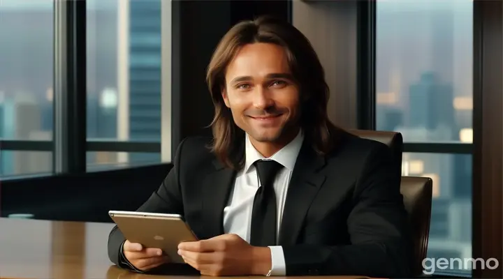 at 21st floor, inside the boardroom, a smiling man with Fringe long brown hair in black suit and black tie holding a white apple tablet sitting at a table talking to someone
