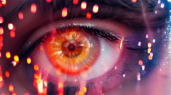 extreme close-up tears eye of a girl in a white t-shirt, the girl is crying --sobs  --heavy rain against the background of explosion neon city in fire and flame --anime style  --seed 1700113768 --NiJi