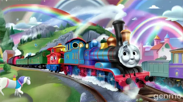 a thomas the train birthday card with a rainbow in the background