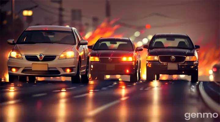The video begins with a high-speed drive at twilight, where two characters are racing home on an open road. The cityscape is fading into the distance, with blurred, glowing streetlights ("melted lights") illuminating the road. The camera moves fluidly, keeping pace with the car as it speeds through.

As the car switches lanes, tension builds, and there's a brief, intense moment where the characters almost crash, symbolizing their chaotic journey. Despite the danger, their faces show determination, and their love radiates beyond the danger they face ("My love's beyond the pain").

In a slow-motion sequence, the car misses the brake, and suddenly, fiery flames engulf the road, symbolizing both destruction and passion. The couple remains calm, even as everything around them is burning, dancing amidst the chaos, representing their indestructible bond ("We're dancing in the flames").

The final scene is an intense visual of dodging headlights at night, with the couple's emotions growing as they journey through a "final odyssey." As the flames grow larger, the camera zooms in on their serene expressions, emphasizing the beauty in the chaos, fading into the fire as the video ends.