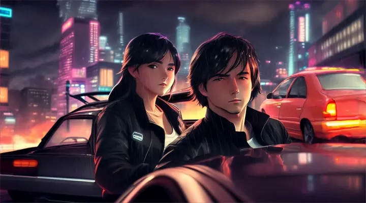 girl in a white t-shirt and man in black jacket inside of car, anime style, medium shot, background - neon city in fire flame explosion explode, rain and wind at night --dutch angle --seed 1700113768 --seed 3809059310