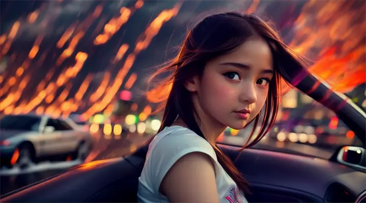 girl in a white t-shirt and sits in the passenger seat of the car, anime style, close-up, background city full of fire and flame explosion explode, rain and wind at night --dutch angle --seed 2112477143