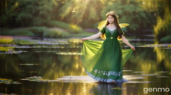  A fairy with long brown hair and a green dress flying over a clear stream, holding a star-shaped light in her hand. Soft focus. Dreamy, ethereal colors. A subtle, shimmering glow around the fairy. Gentle, feathery brushstrokes. Warm, golden light reflecting off the stream's surface. Monet-inspired, soft pastels, serene atmosphere, captivating, enchanting, delicate, 16:9.