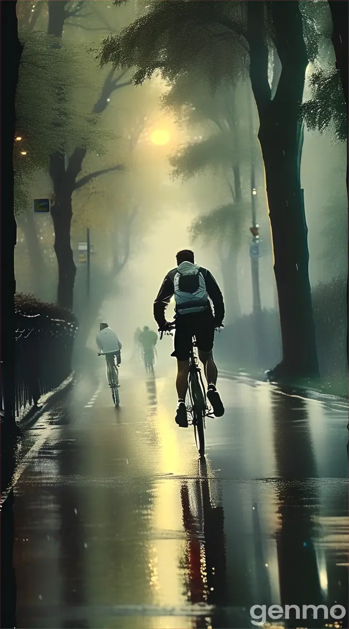 a man riding a bike down a rain covered road