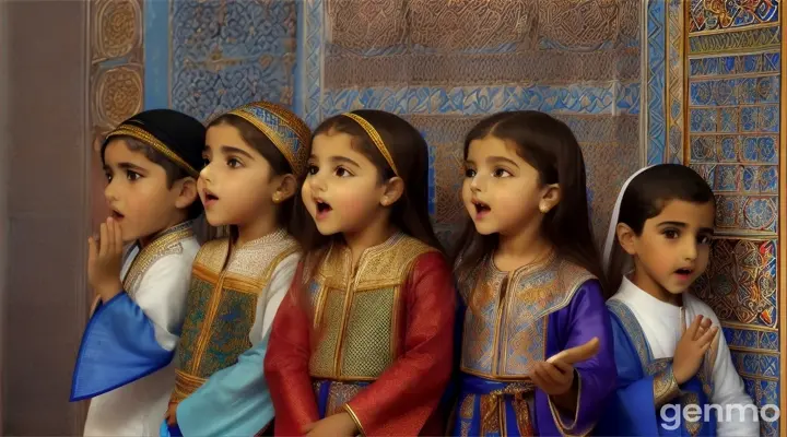 Arabic kids singing against a vibrant background of intricate mosaic tiles