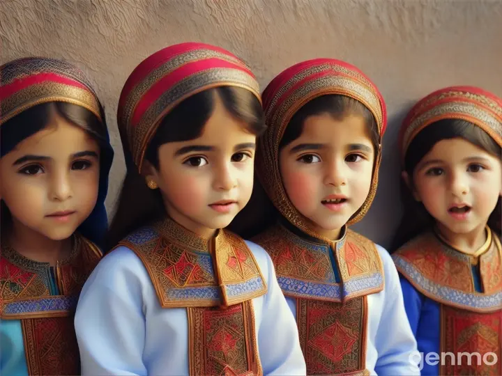 Arabic kids singing against a vibrant background of intricate mosaic tiles