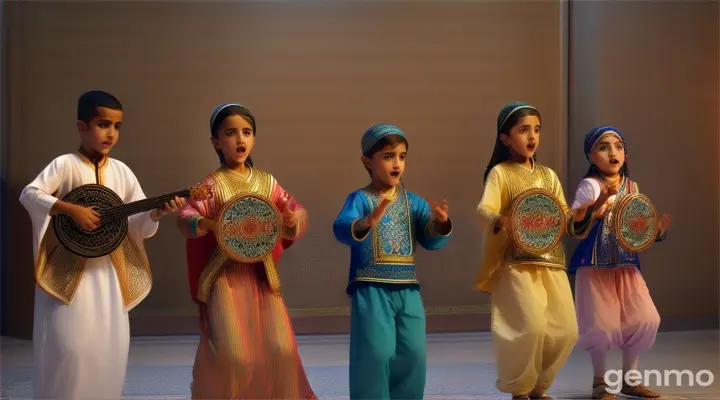 Arabic kids singing against a vibrant background of intricate mosaic tiles