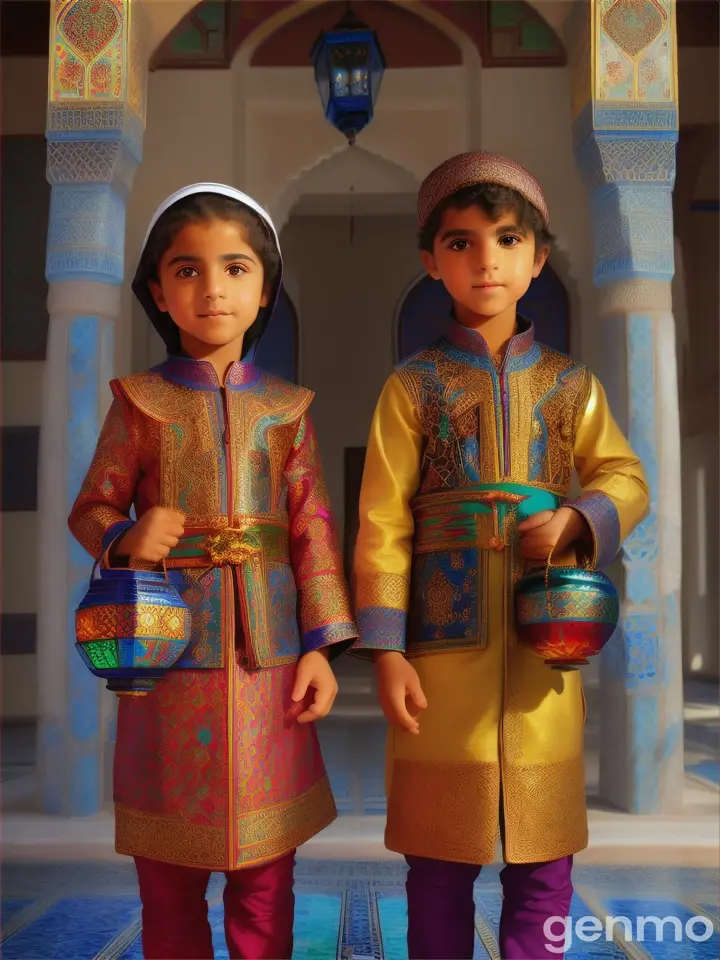 Arabic kids holding lanterns, set against a backdrop of vibrant mosaic tile patterns