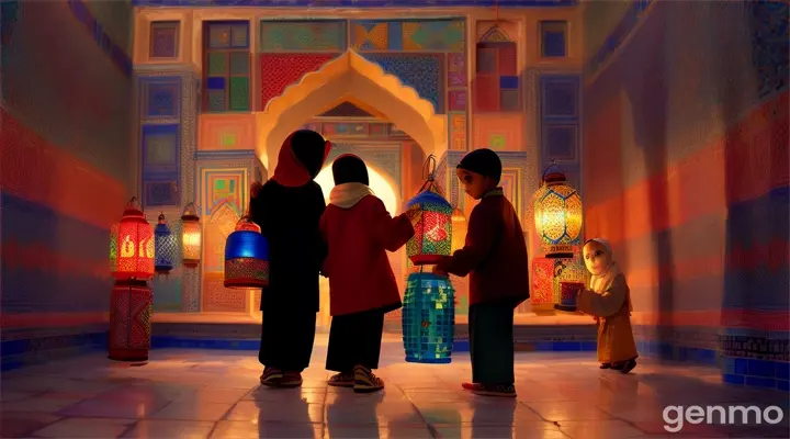 Arabic kids holding lanterns, set against a backdrop of vibrant mosaic tile patterns