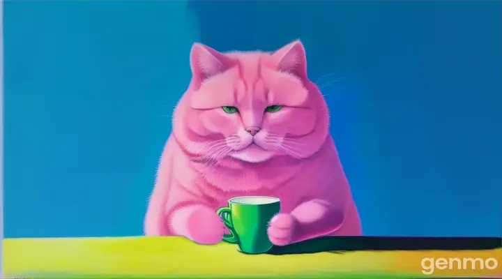a painting of a pink cat holding a cup