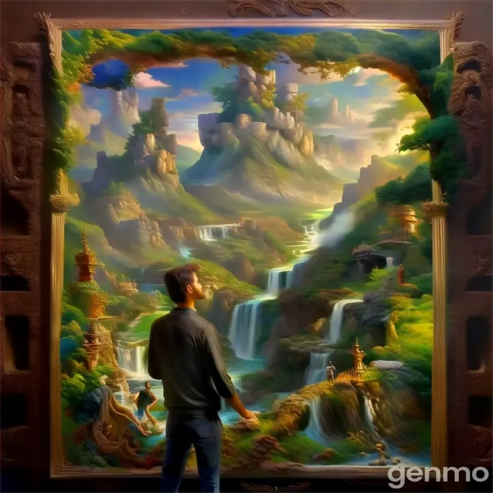a man standing in front of a painting of a waterfall. Красочно красиво ркалисьично