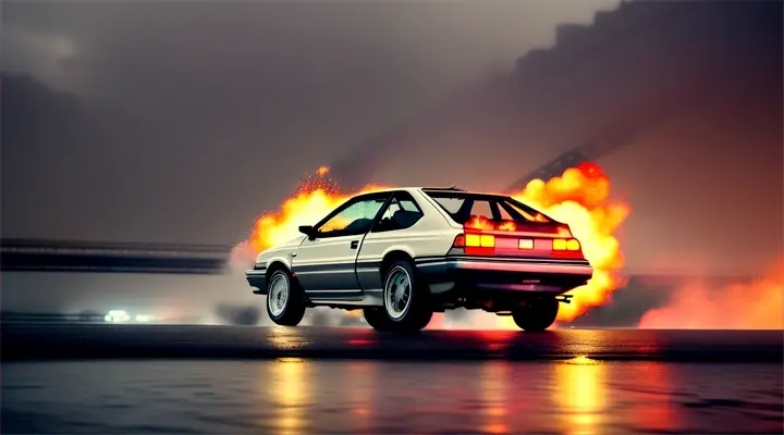 viaduct explode --view from afar --extreme long shot of a gray retro Toyota Corolla AE86 car flying off a viaduct --anime style --extreme long shot --telephoto lens --background - neon city full of fire and flames, bridge explosion, heavy rain at night --extreme long shot