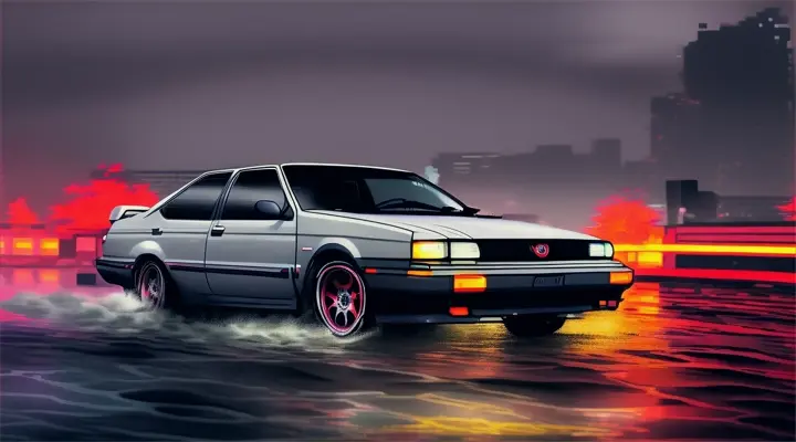 gray Toyota Corolla AE86 is sinking, the car is almost completely submerged under the water, only the headlights are on the surface  --anime style --background - neon city full of fire and smoke, heavy rain at night