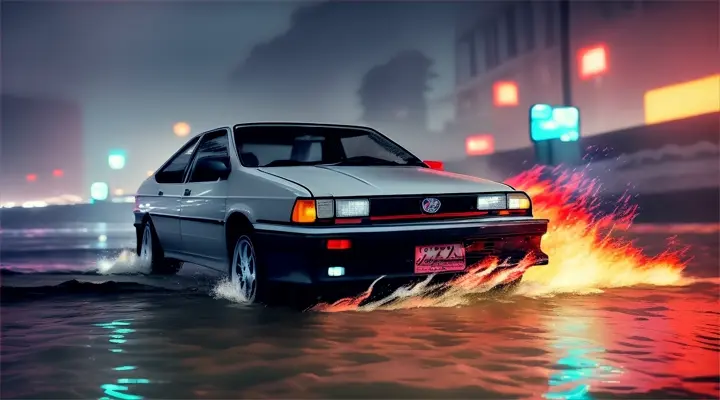 gray Toyota Corolla AE86 is sinking, the car is almost completely submerged under the water, only the headlights are on the surface --anime style --background - neon city full of fire and smoke, heavy rain at night