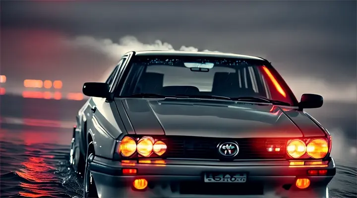 gray Toyota Corolla AE86 is sinking, the car is almost completely submerged under the water, only the headlights are on the surface --anime style --background - neon city full of fire and smoke, heavy rain at night