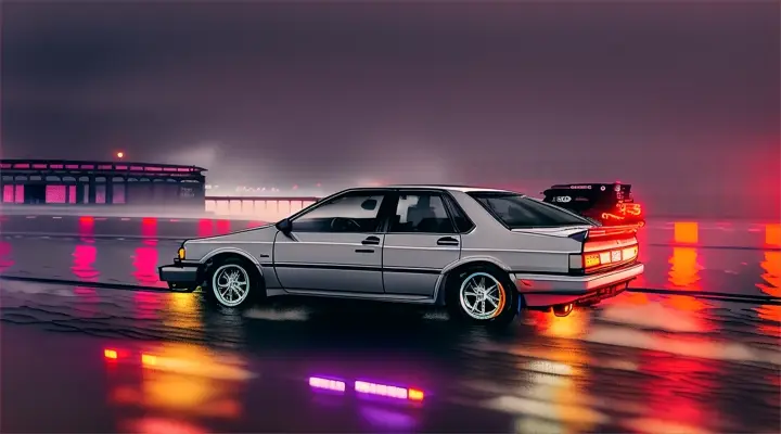 gray Toyota Corolla AE86 is sinking, the car is almost completely submerged under the water, only the headlights are on the surface --anime style --background - neon city full of fire and smoke, heavy rain at night