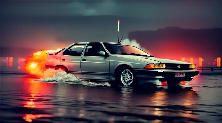 gray Toyota Corolla AE86 is sinking, the car is almost completely submerged under the water, only the headlights are on the surface --anime style --background - neon city full of fire and smoke, heavy rain at night