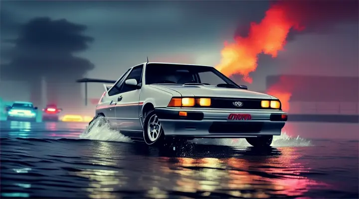the hood of gray Toyota Corolla AE86 sticks out of the water, the car is almost completely submerged under the water --anime style --background - neon city full of fire and smoke, heavy rain at night