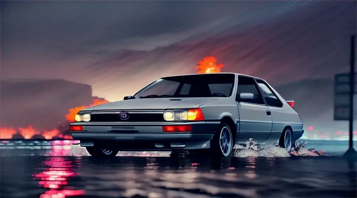 the hood of gray Toyota Corolla AE86 sticks out of the water, the car is almost completely submerged under the water --anime style --background - neon city full of fire and smoke, heavy rain at night