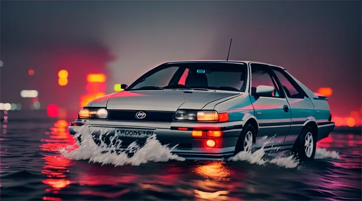 the hood of gray Toyota Corolla AE86 sticks out of the water, the car flipped over and almost completely submerged under the water --anime style --background - neon city full of fire and smoke, heavy rain at night
