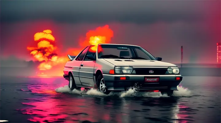 the hood of gray Toyota Corolla AE86 sticks out of the water, the car flipped over and almost completely submerged under the water --anime style --background - neon city full of fire and smoke, heavy rain at night