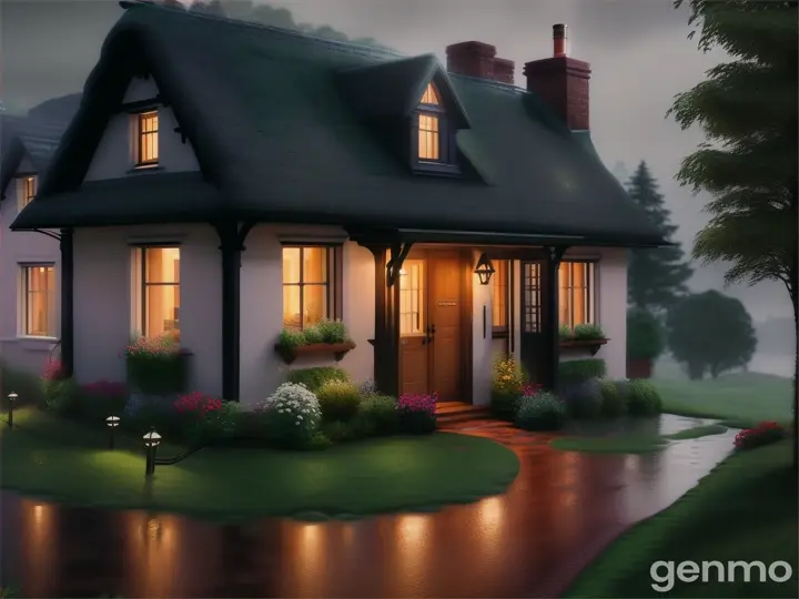 cottage with fireplace and rain outside
